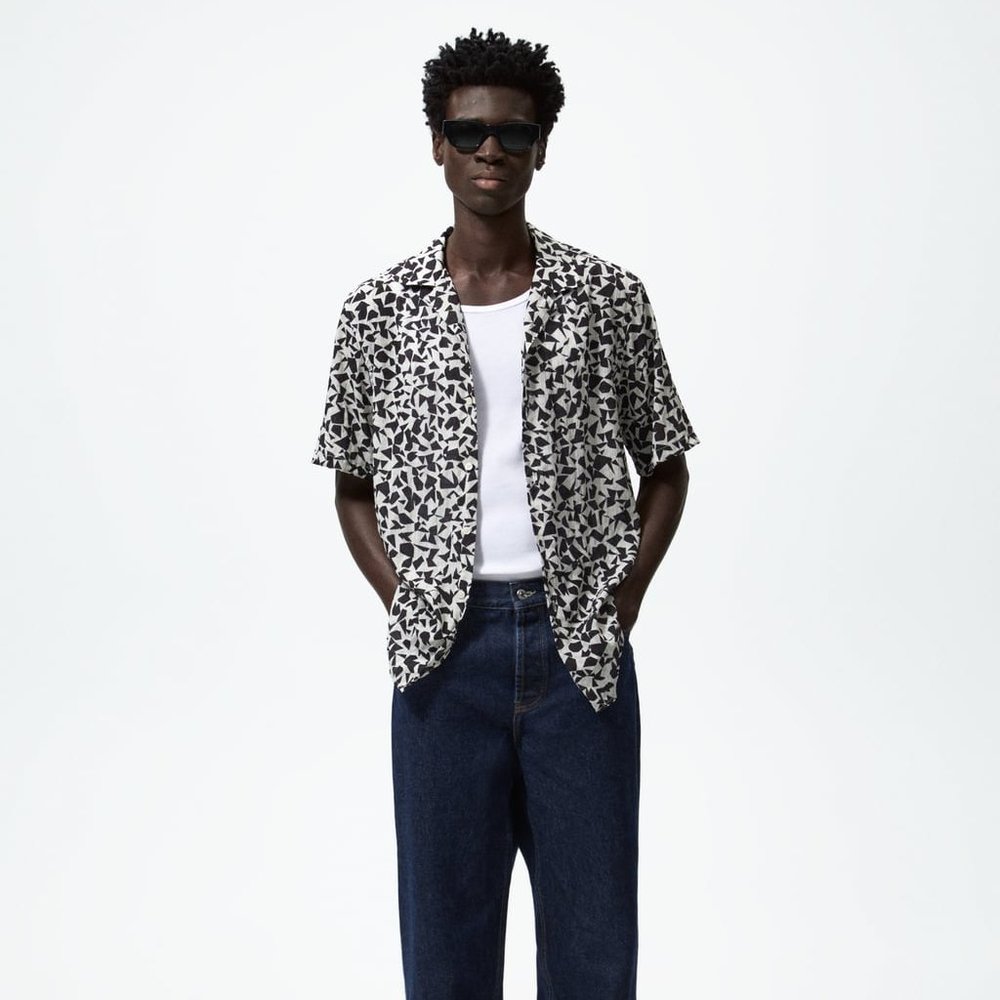 Zara Men's Geometrical Raised Detail Shirt – Ecru, Size XL